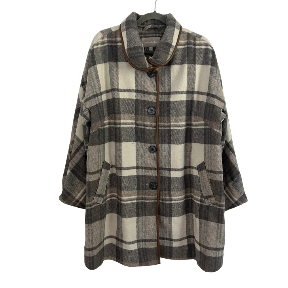 Woman Within Womens Gray Plaid Wool Blend Button Front Coat 18 W Lined Pockets